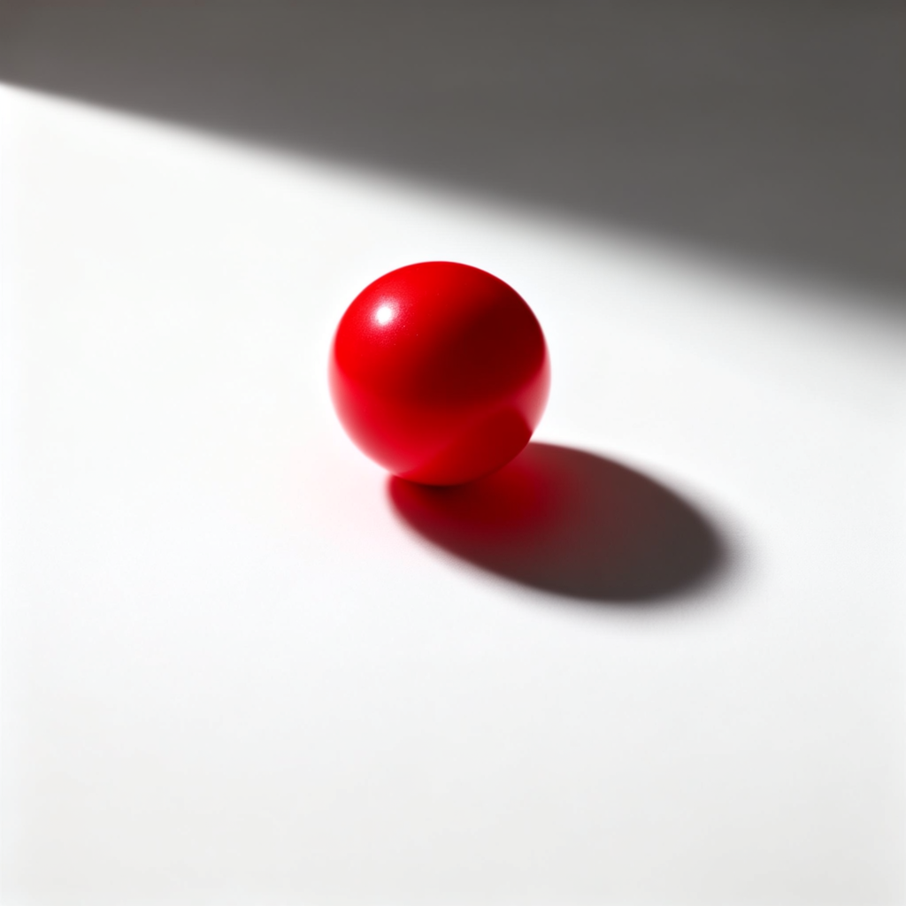 A red sphere on a white surface with a single shadow cast to