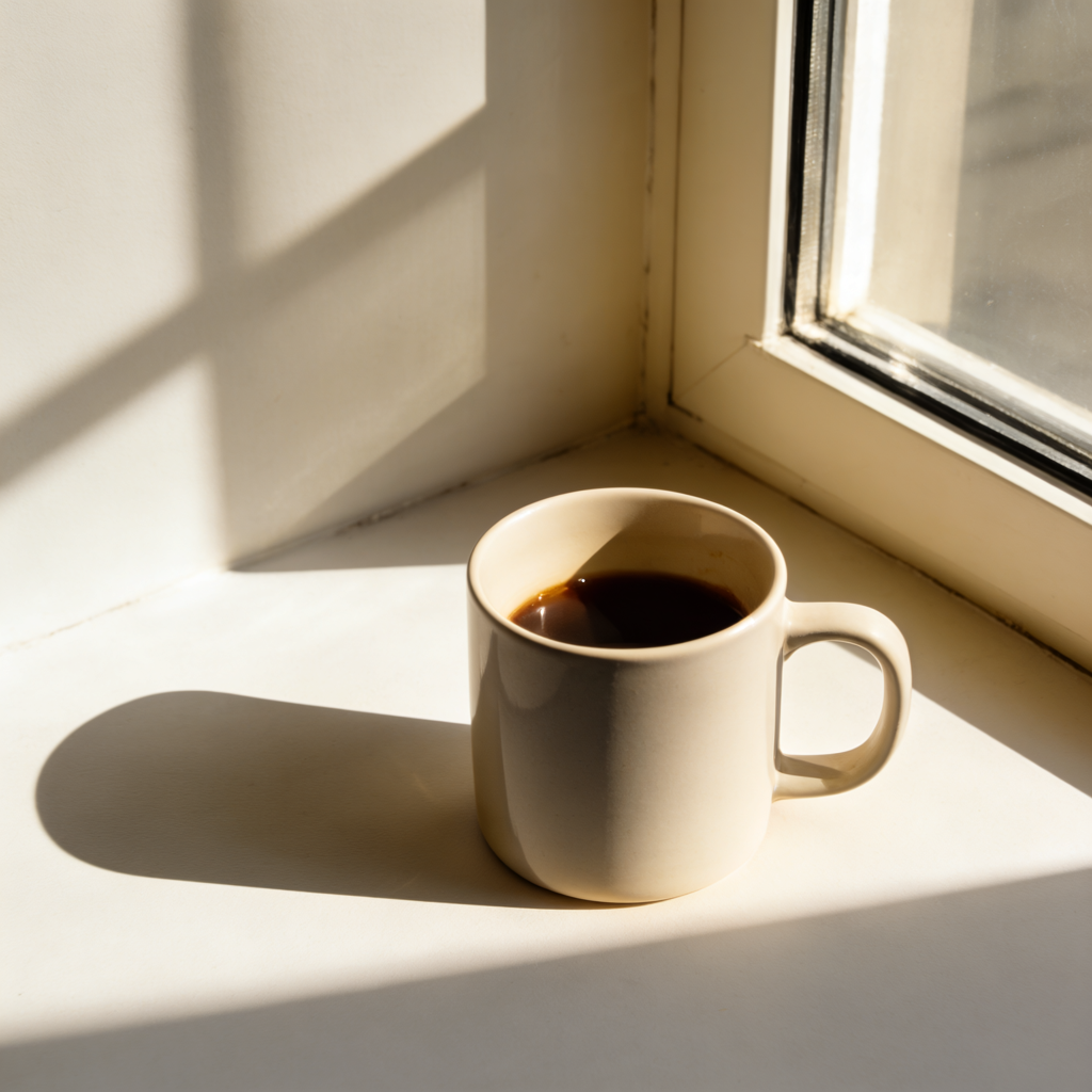 A coffee mug on a sunny windowsill casting a sharp shadow to