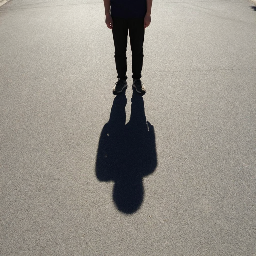A person standing outdoors at midday with a short shadow dir