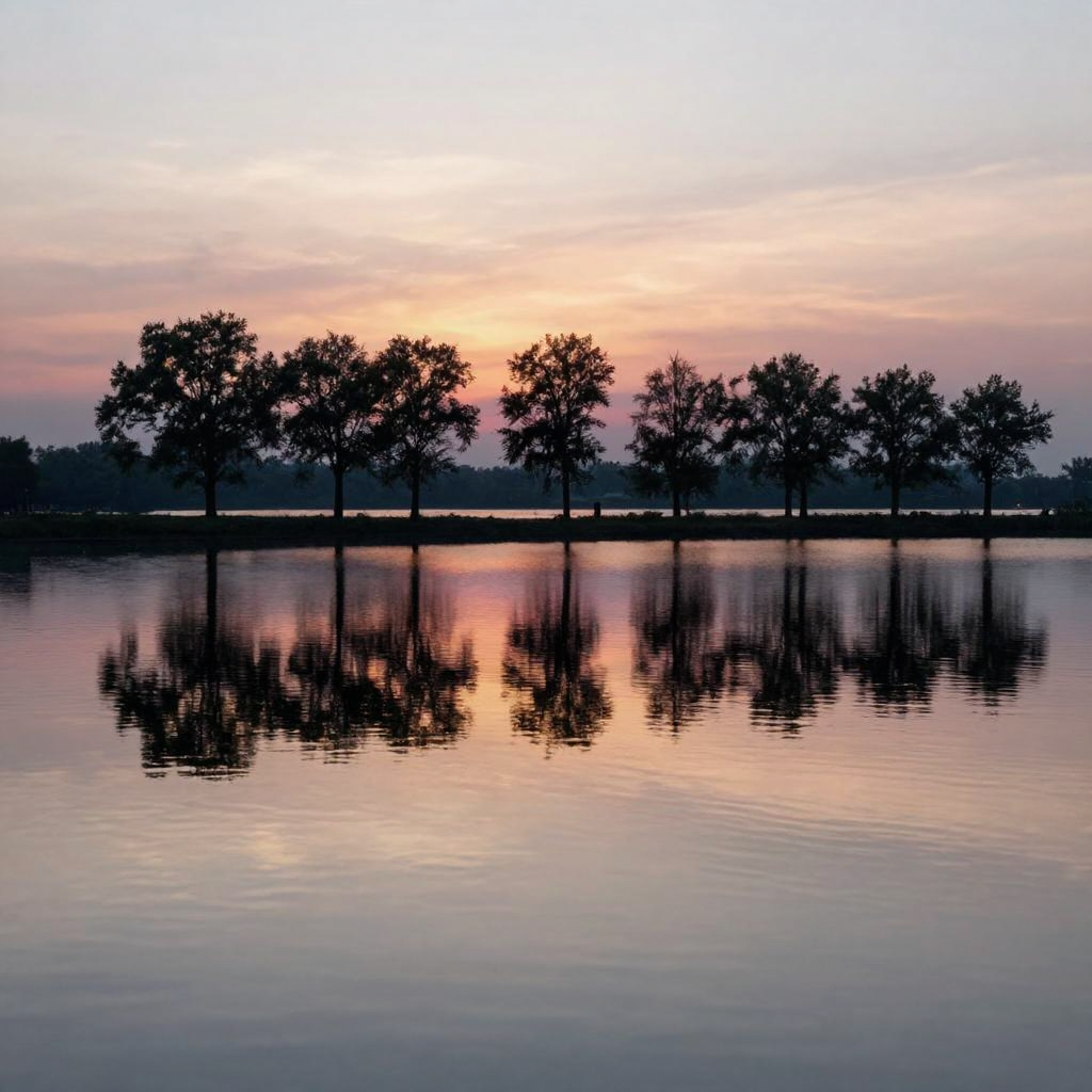 A row of trees reflected in a calm lake at sunset, with the 