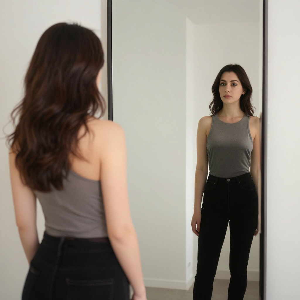 A woman standing in front of a full-length mirror, her refle