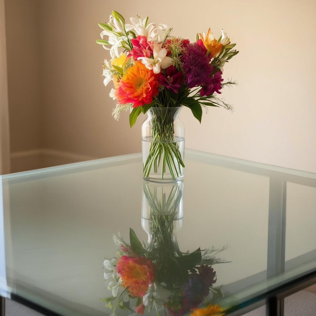 A vase of flowers on a glass table with a clear reflection v
