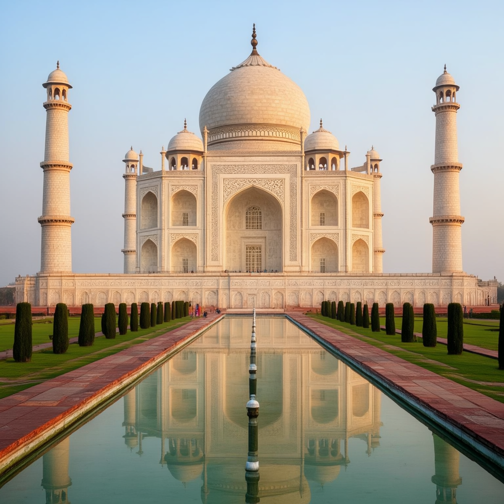 The Taj Mahal in Agra seen from the reflecting pool, with ac
