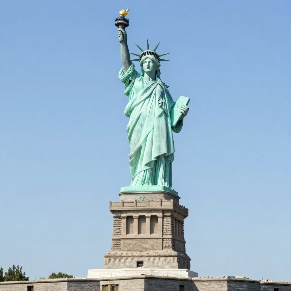 The Statue of Liberty on her island pedestal, with correct t
