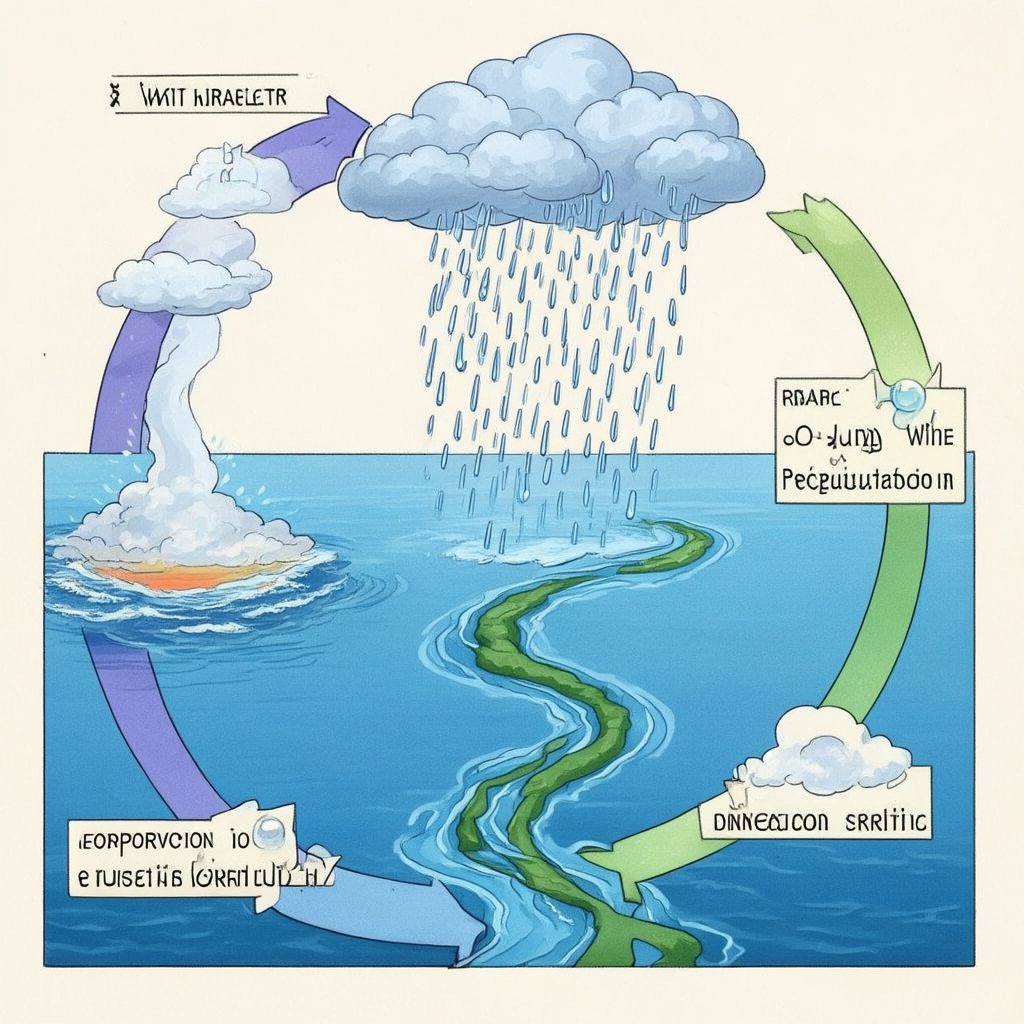 A detailed diagram of the water cycle showing evaporation fr