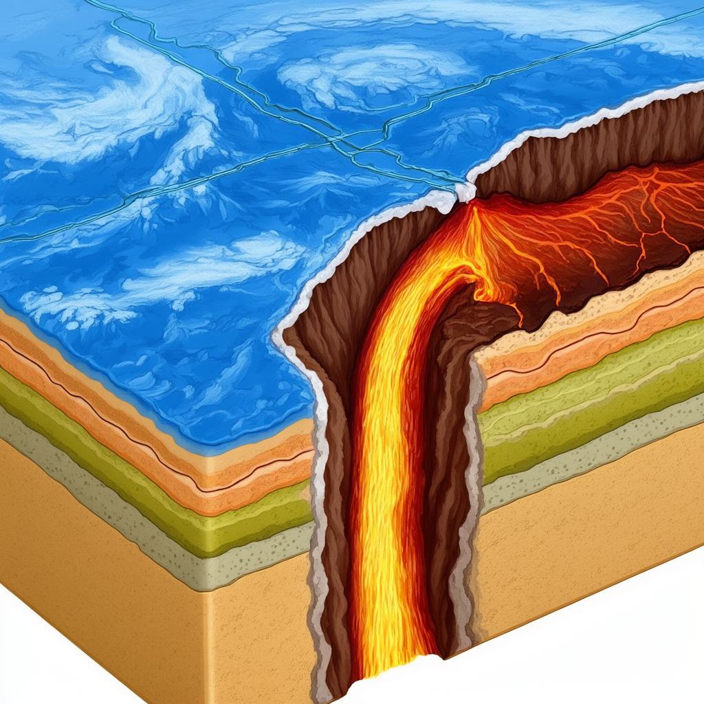 A cross-section showing tectonic plates at a convergent boun