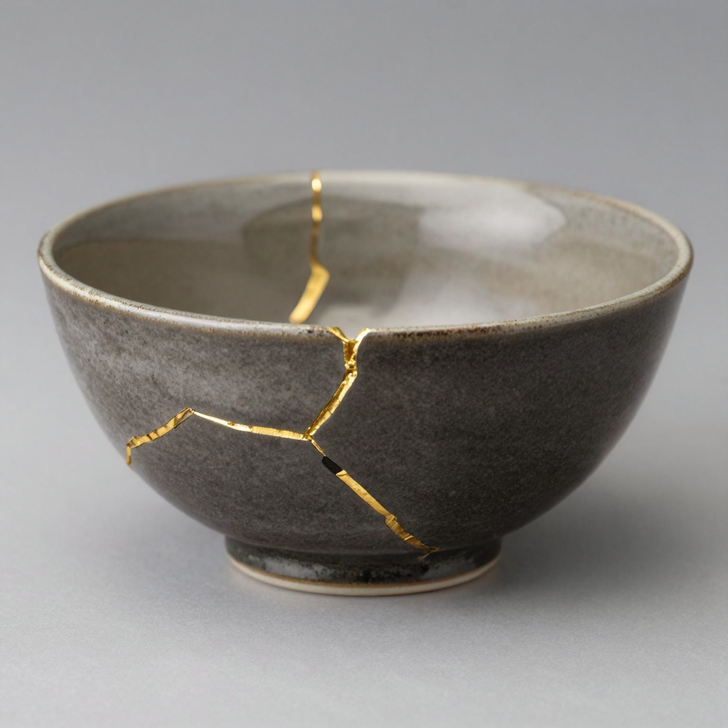 A Japanese kintsugi bowl — cracked ceramic repaired with vis