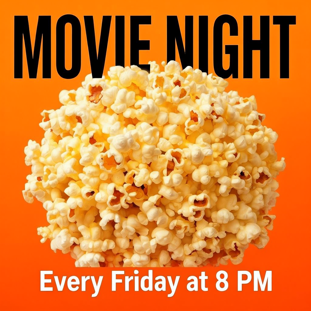 A movie night poster with a large popcorn image in the cente