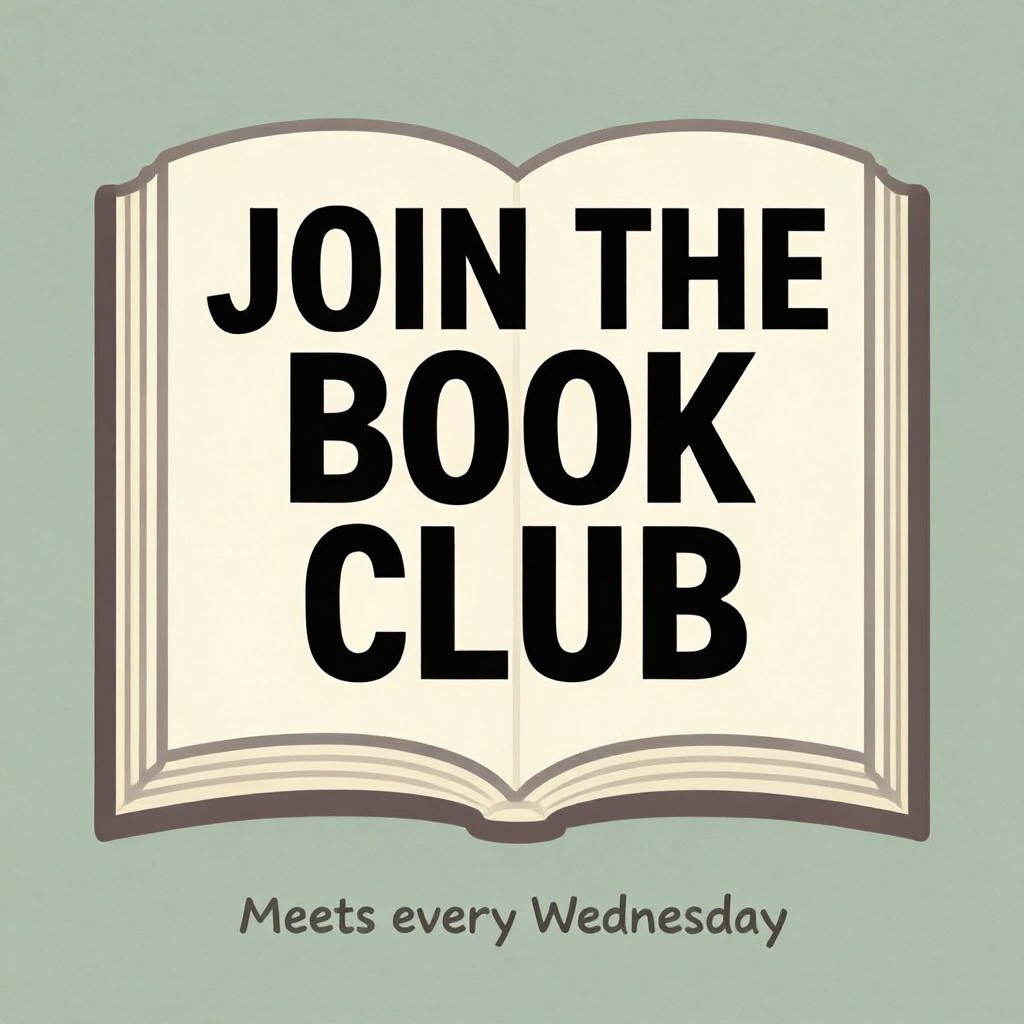 A book club poster with an open book illustration, the title
