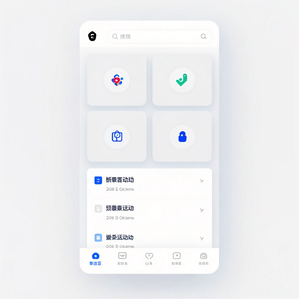 A mobile app UI mockup showing a dashboard with a top naviga
