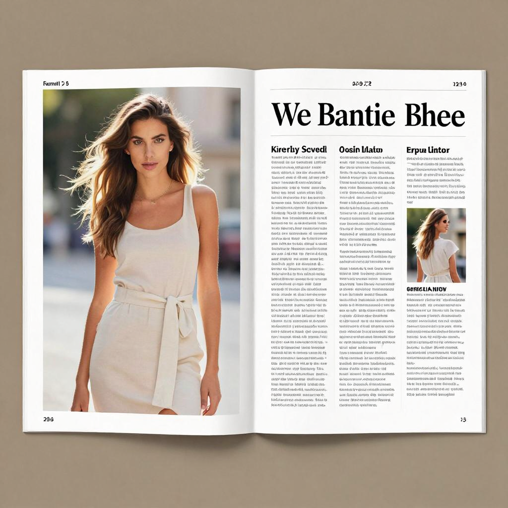 A fashion magazine spread with a full-bleed left-page photo,