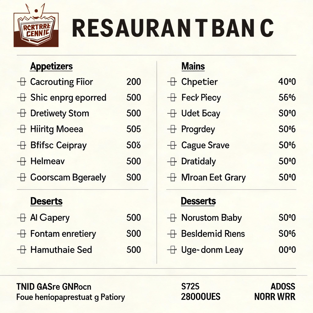A restaurant menu layout with a logo header, three category 