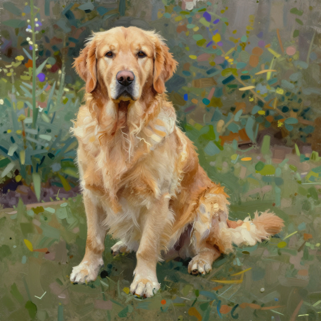 A golden retriever sitting in a garden, painted in the style