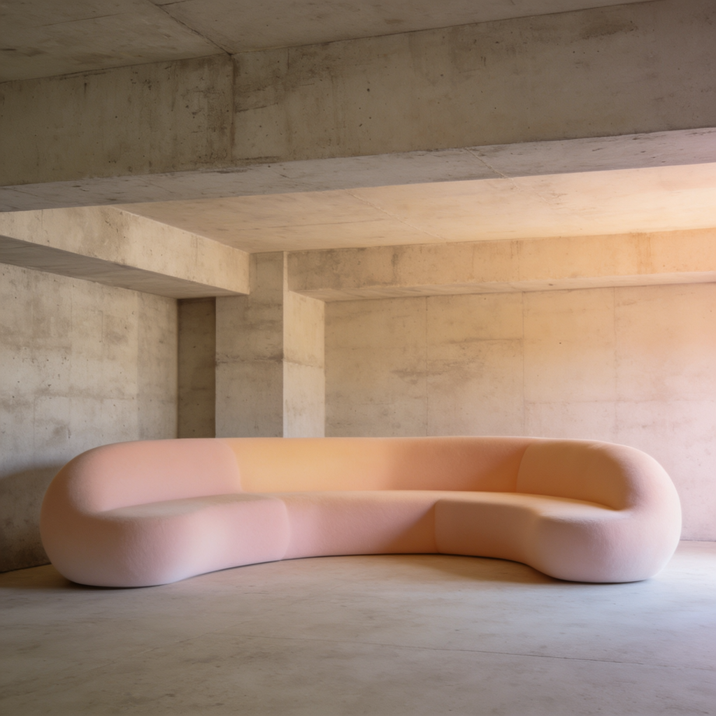 An interior scene rendered in soft brutalism — raw concrete 