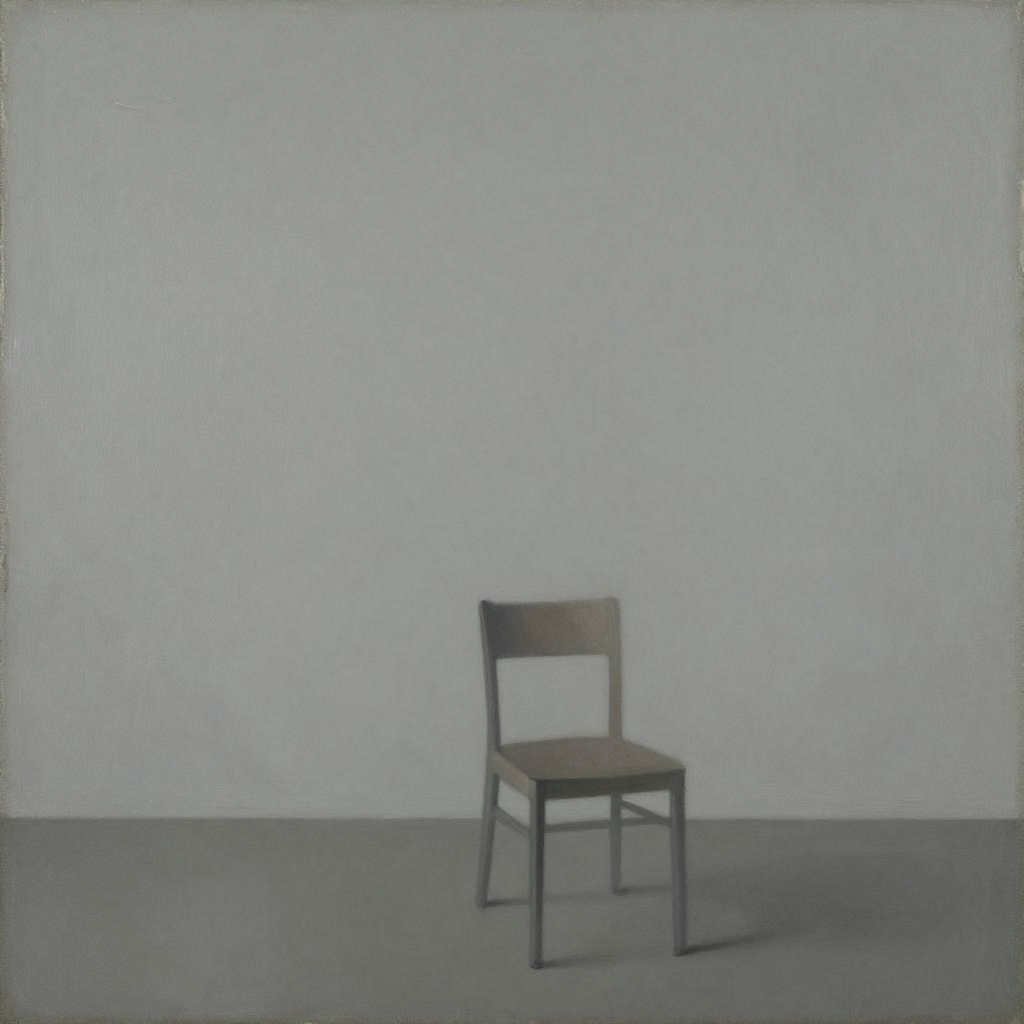 A still life painted in anxious minimalism — sparse composit
