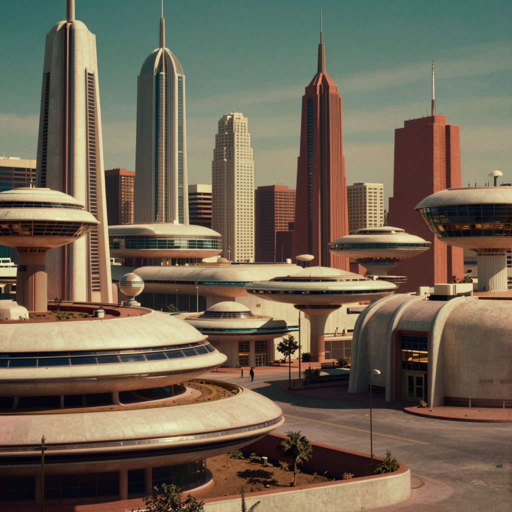 A cityscape rendered in nostalgic futurism — retro-futuristi