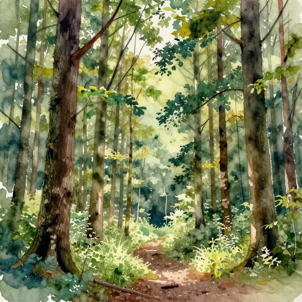 A forest rendered in photorealistic watercolor — the detail 