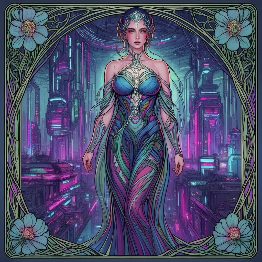 A woman in a futuristic city rendered in cyberpunk Art Nouve