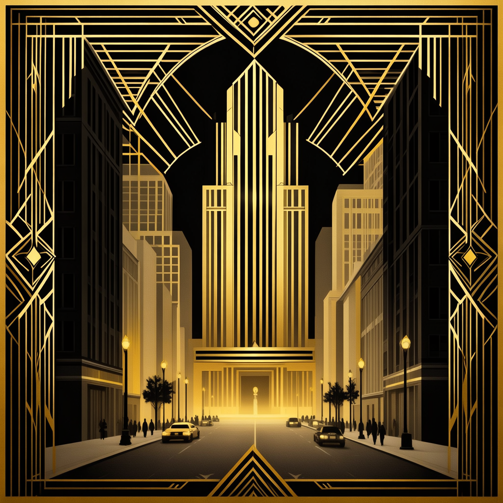 A city street scene in the style of Art Deco — geometric sha