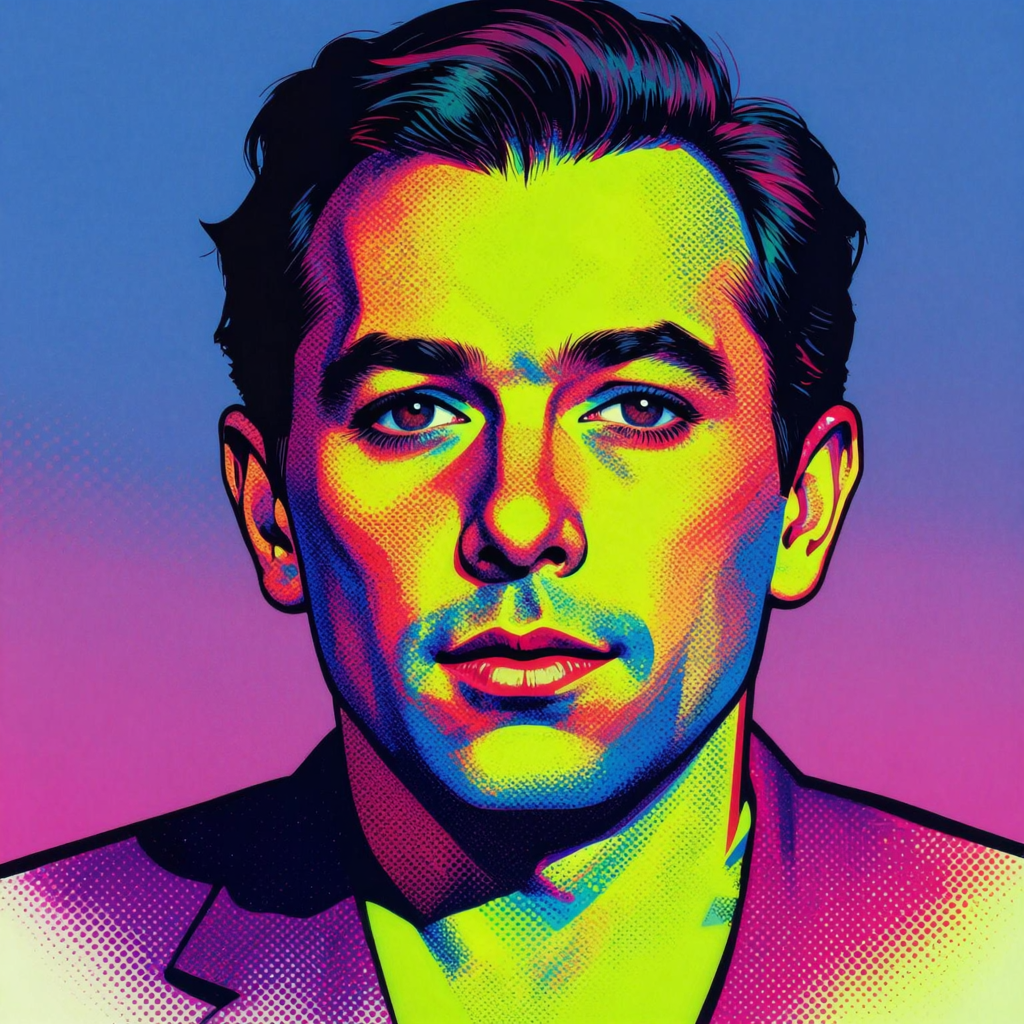 A portrait of a man in Pop Art style — bold outlines, Ben-Da