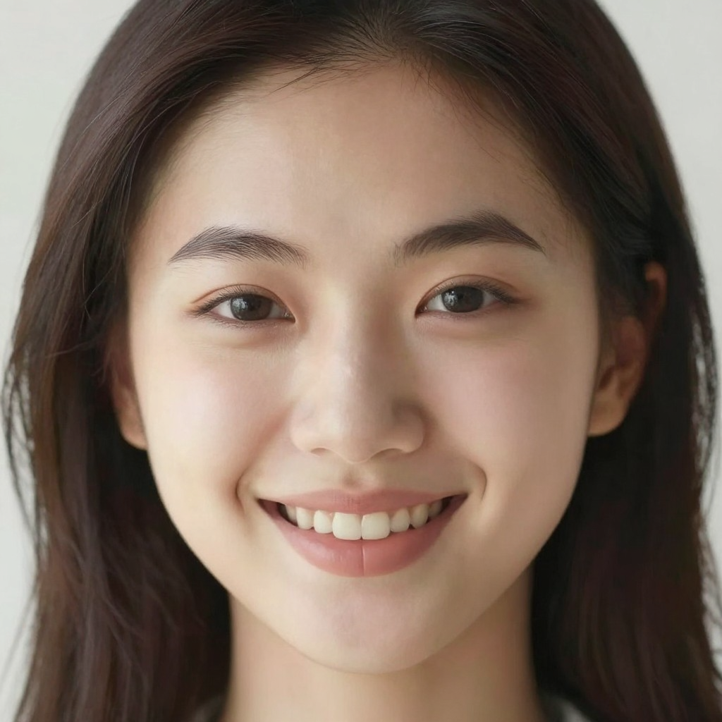 A close-up portrait of a young woman with a warm natural smi