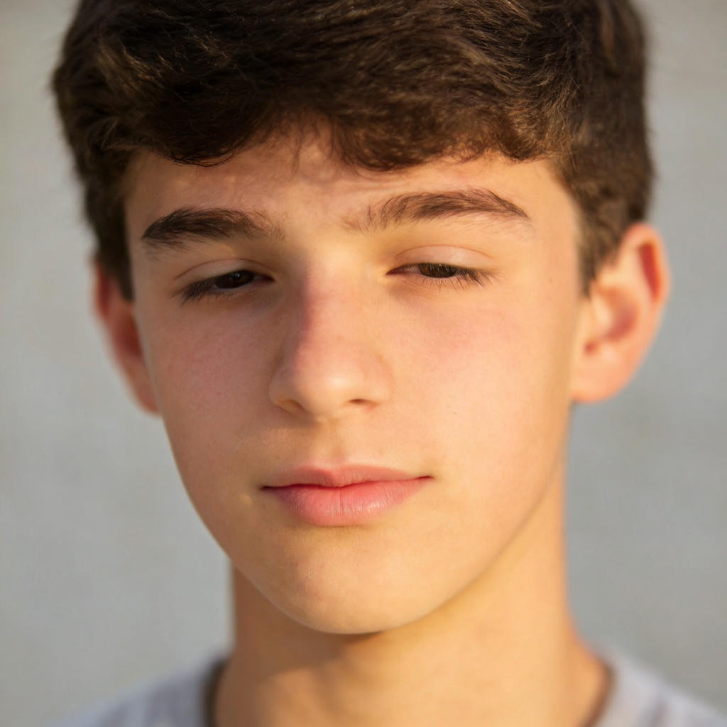 A headshot of a teenager with a relaxed, neutral face