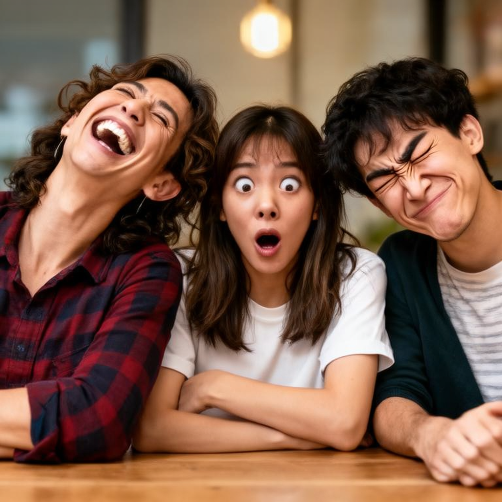 A group of three friends at a table: one laughing with head 