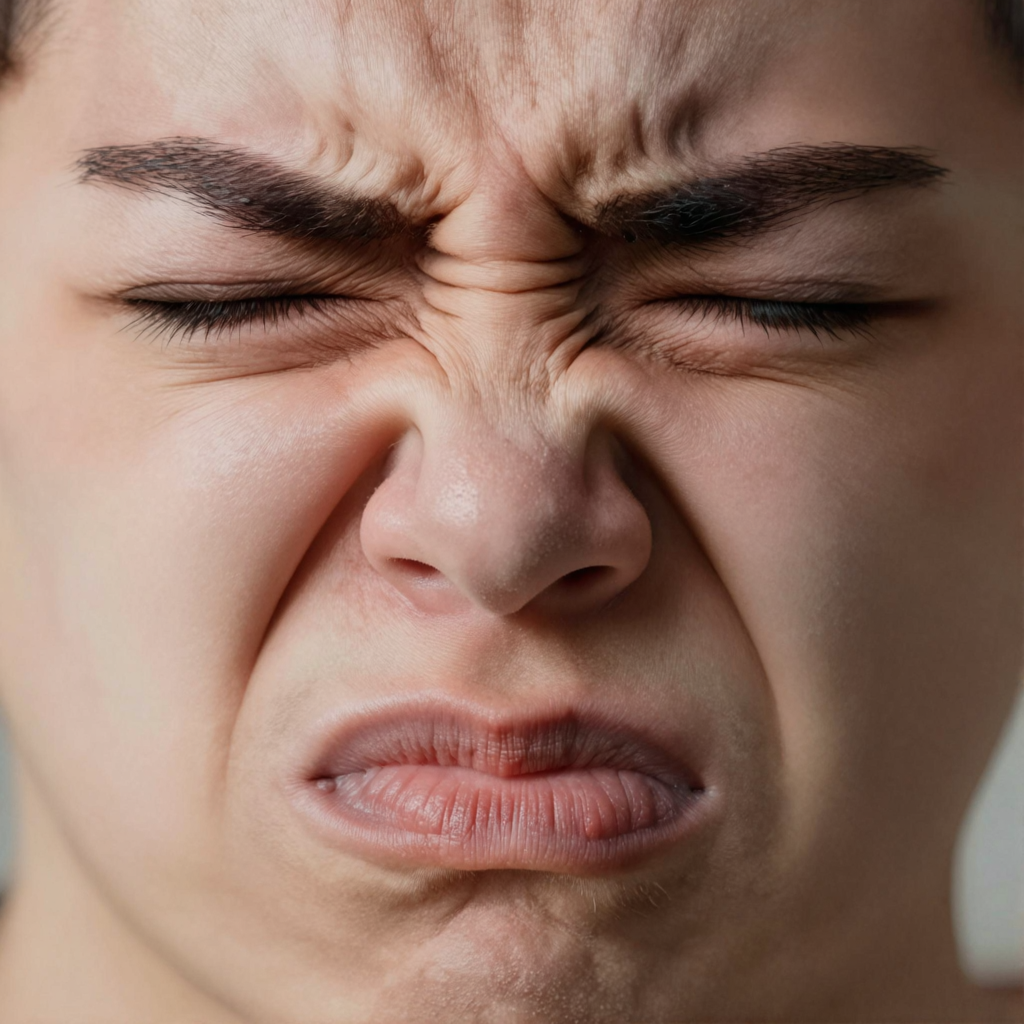 A close-up of a person's face showing clear disgust, nose wr