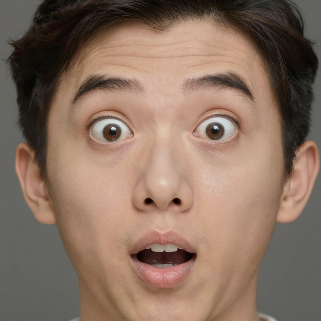 A portrait capturing genuine surprise — raised eyebrows, wid