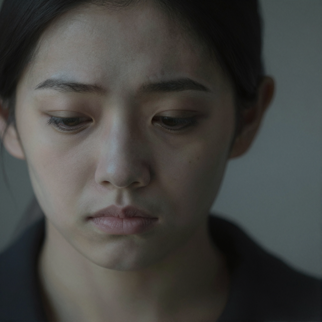 A face showing quiet melancholy — downcast eyes, slightly dr