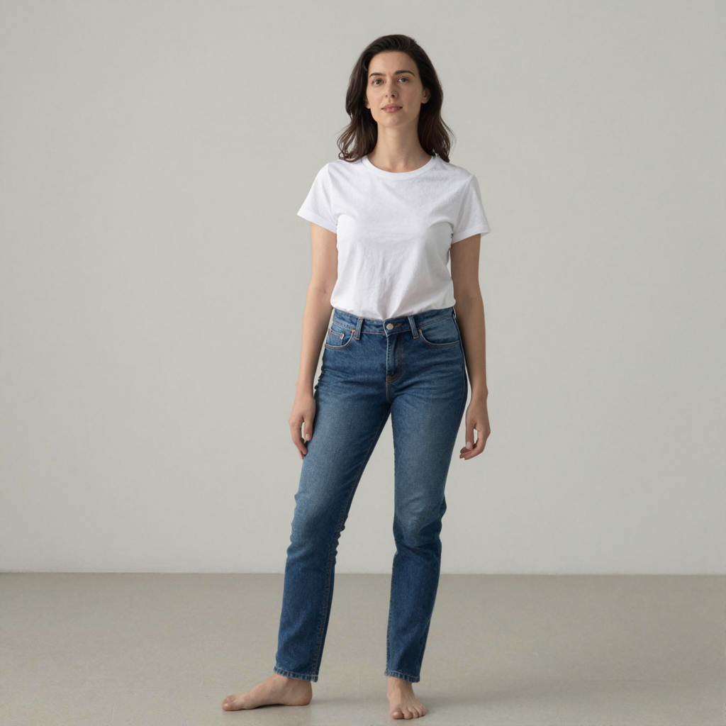 A woman standing upright in a relaxed pose, arms at her side