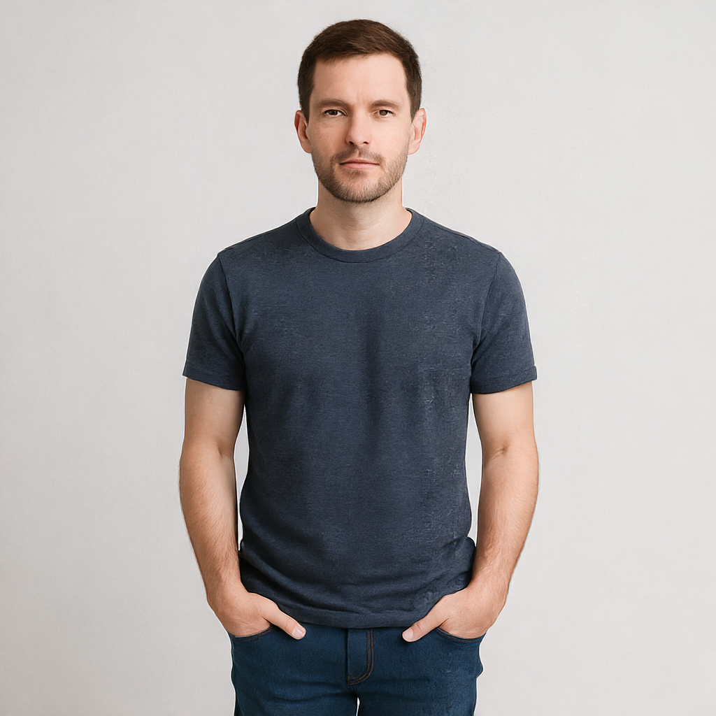 A man standing straight facing the camera, hands in pockets,