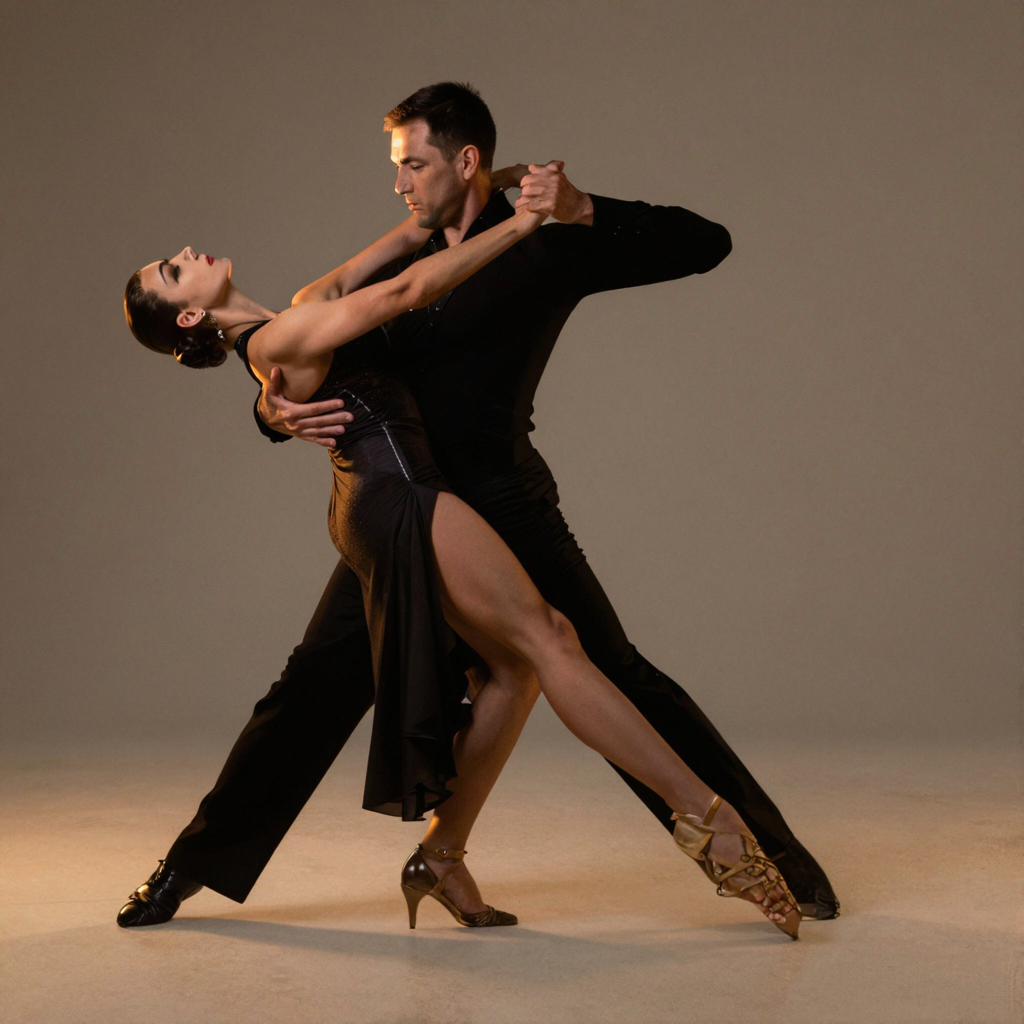 Two tango dancers in a close embrace, the man dipping the wo