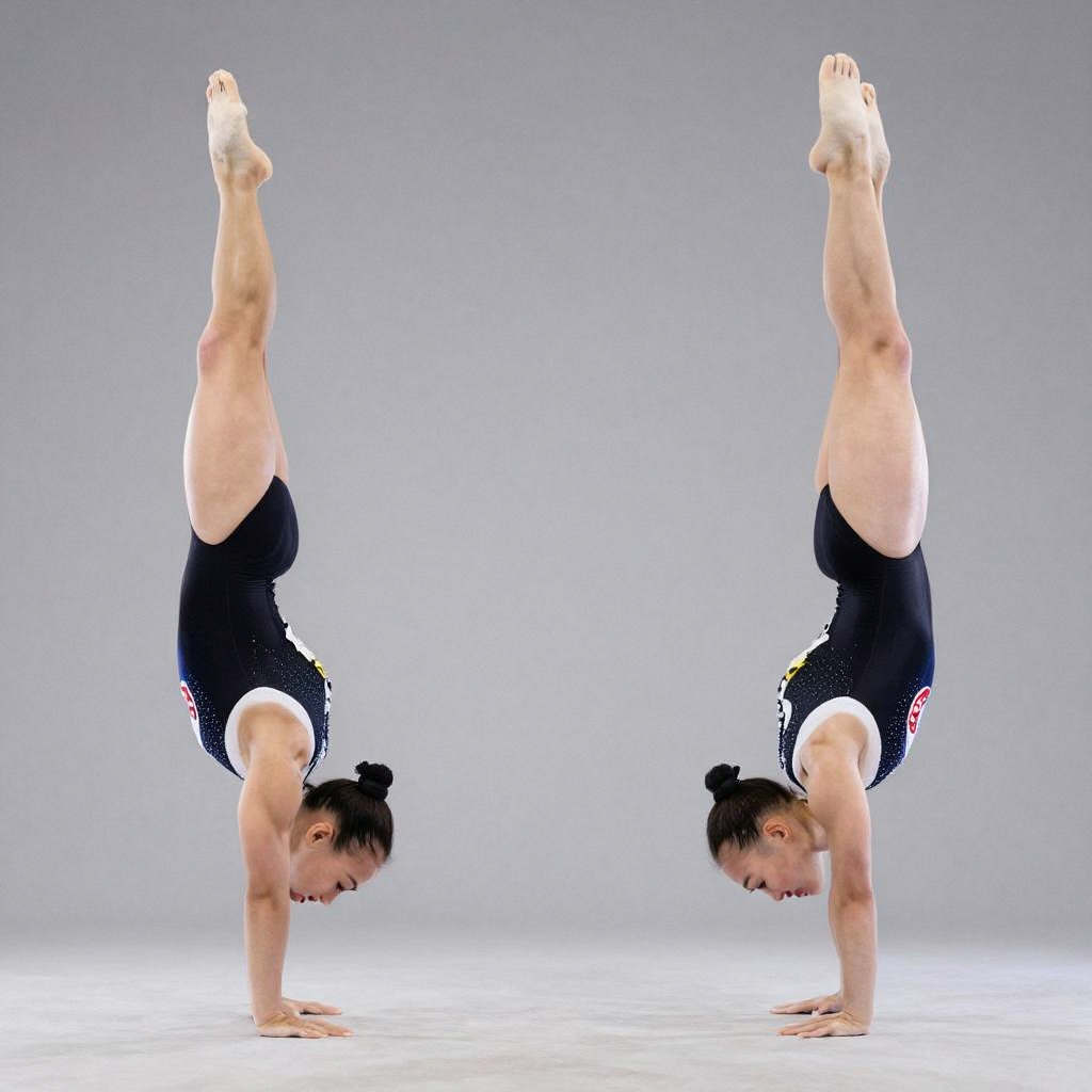 Two gymnasts performing a synchronized handstand, side by si