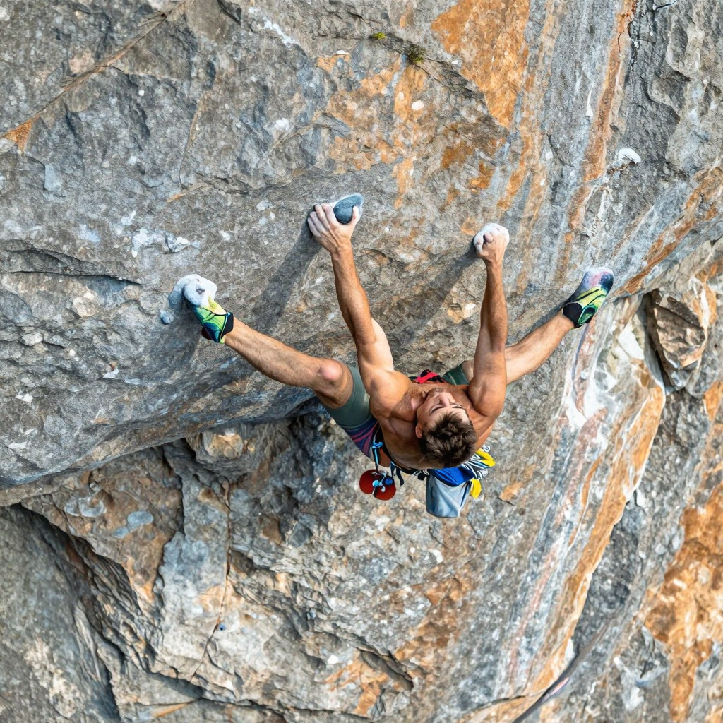 A rock climber clinging to a cliff face with arms and legs e