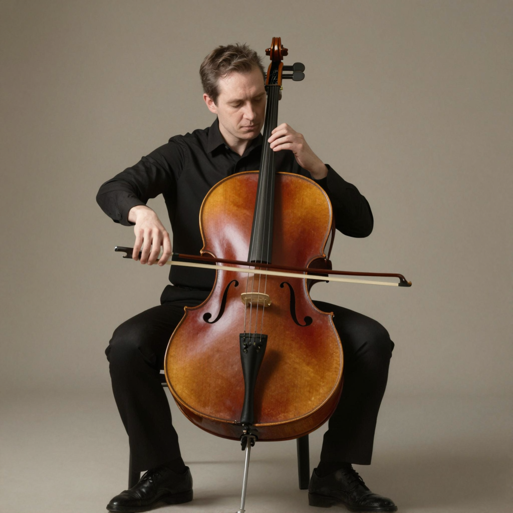 A cellist seated with correct posture, legs around the instr