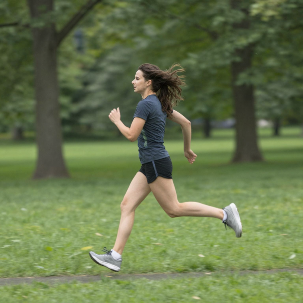 A woman mid-stride running through a park, hair and clothes 