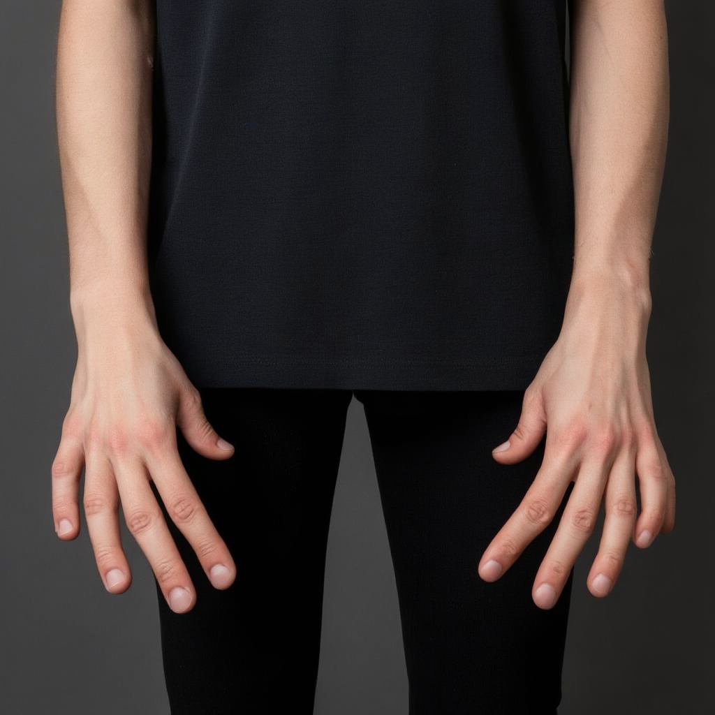 A person standing with both hands visible at their sides, fi