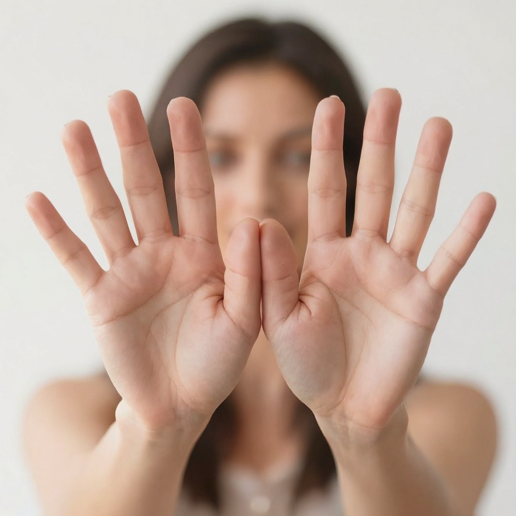 A woman holding her hands out in front of her palms-up, all 