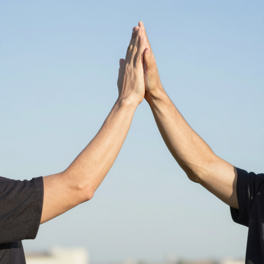 Two people doing a high-five, palms meeting with all fingers