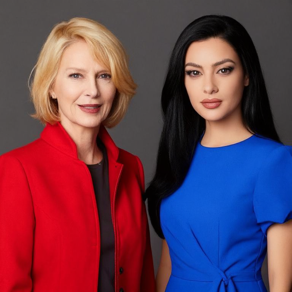 Two women standing side by side: one with short blonde hair 