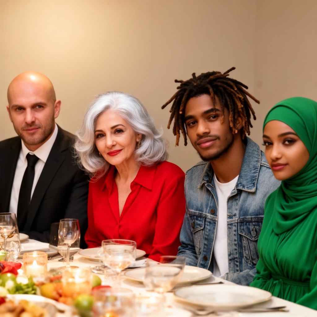Four people at a dinner table: a bald man in a suit, a woman