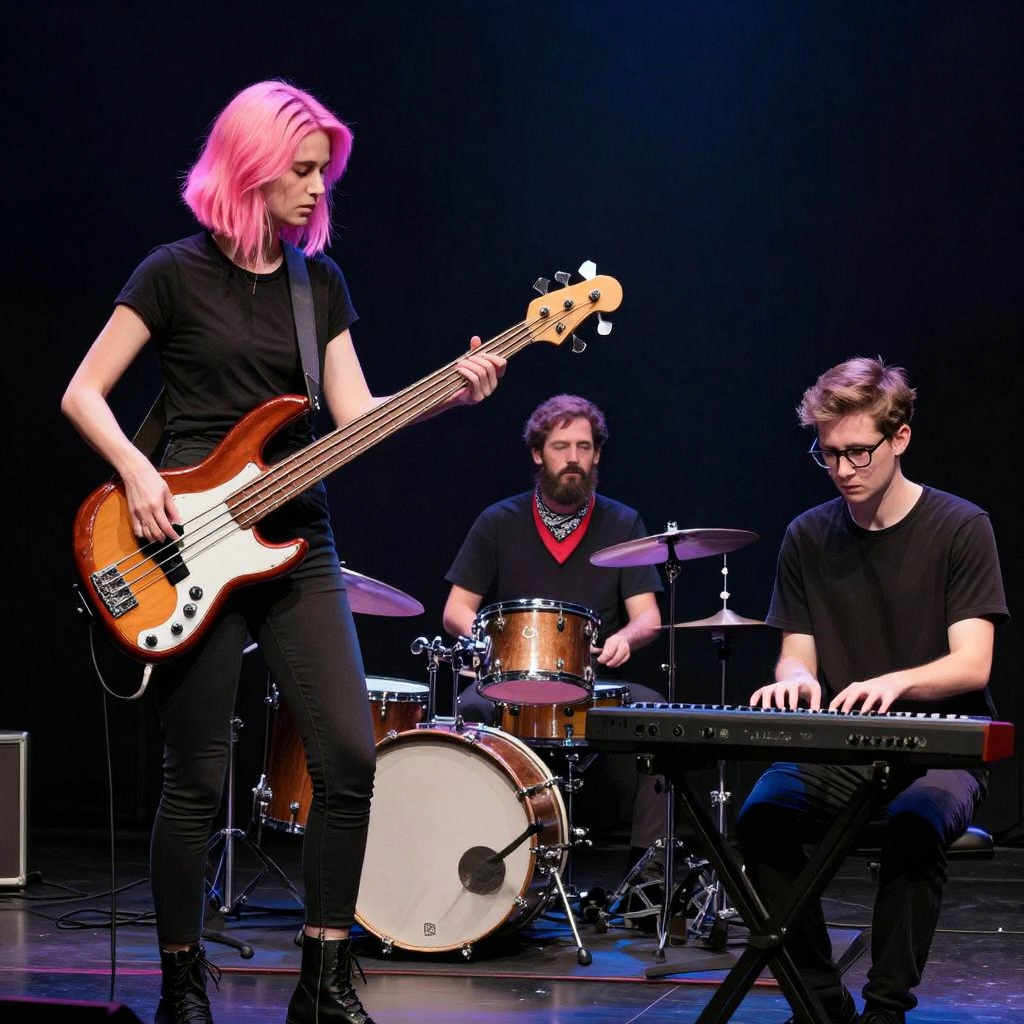 Three musicians on stage: a tall woman with short pink hair 