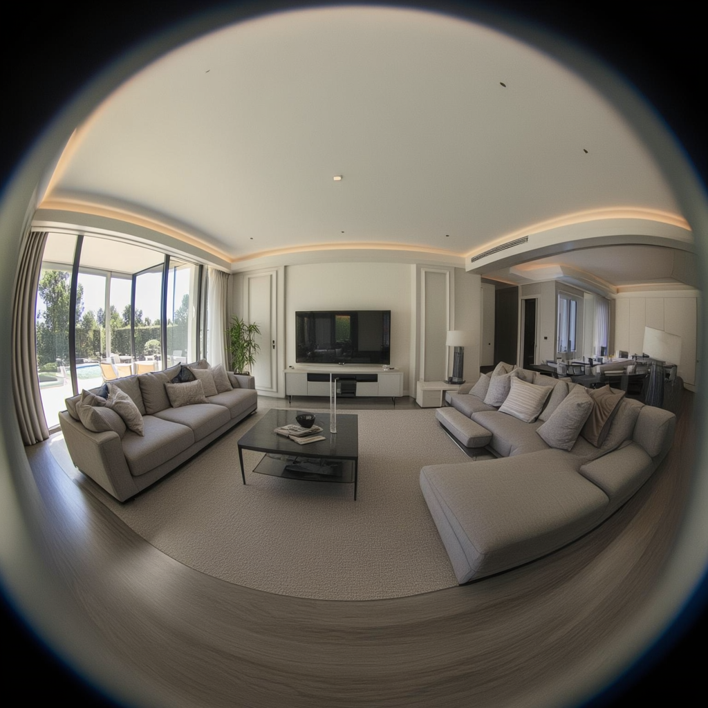 A wide-angle shot of a modern living room interior showing e