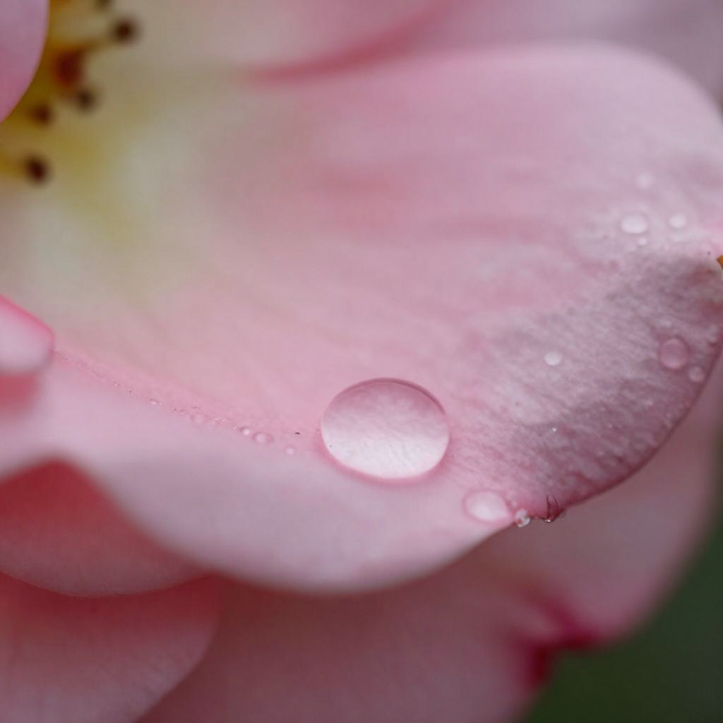 A close-up macro shot of a single dewdrop on a rose petal, s