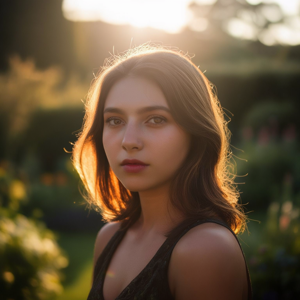A portrait shot at 85mm f/1.4 with creamy bokeh background, 