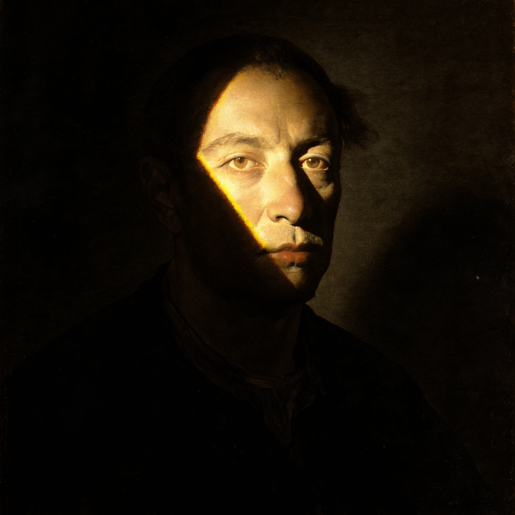 A portrait lit with classic Rembrandt lighting — triangle of