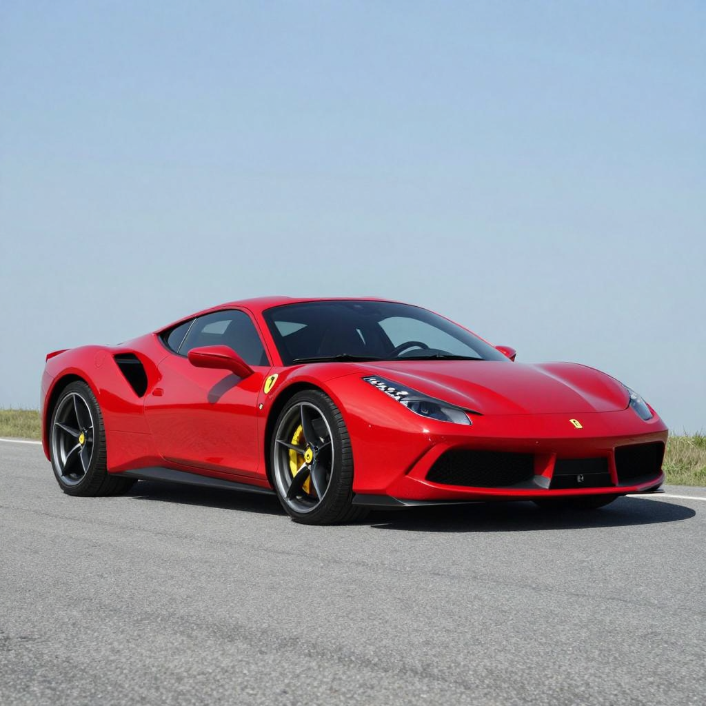 A bright red sports car parked on a gray asphalt road — the 