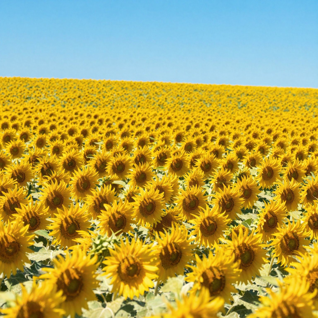 A field of pure sunflower yellow flowers under a clear blue 