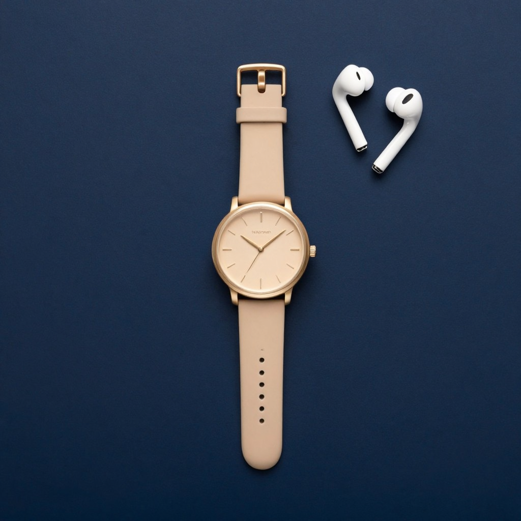 A product flat-lay on a #1A1A2E (deep dark blue) background,